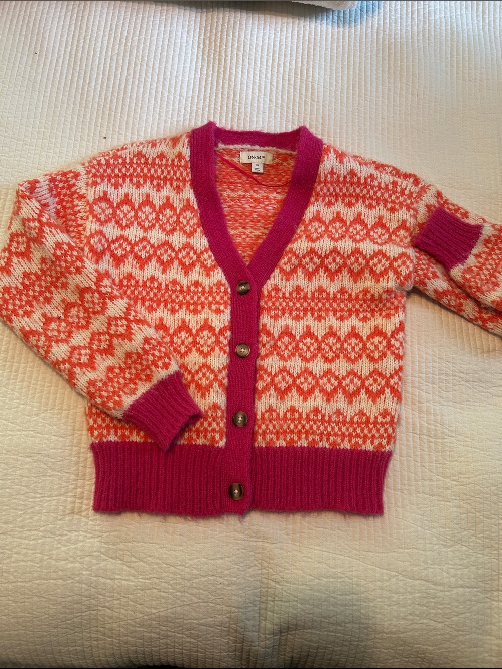 Pink & Orange Fair Isle Knit Cardigan Sweater